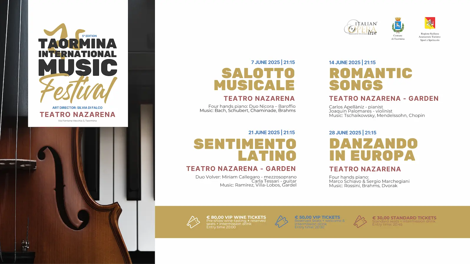 Concert program of Taormina International Music Festival 2025 curated by artistic director Silvia Di Falco, an internationally renowned soprano, and organized by Italian Opera Live.